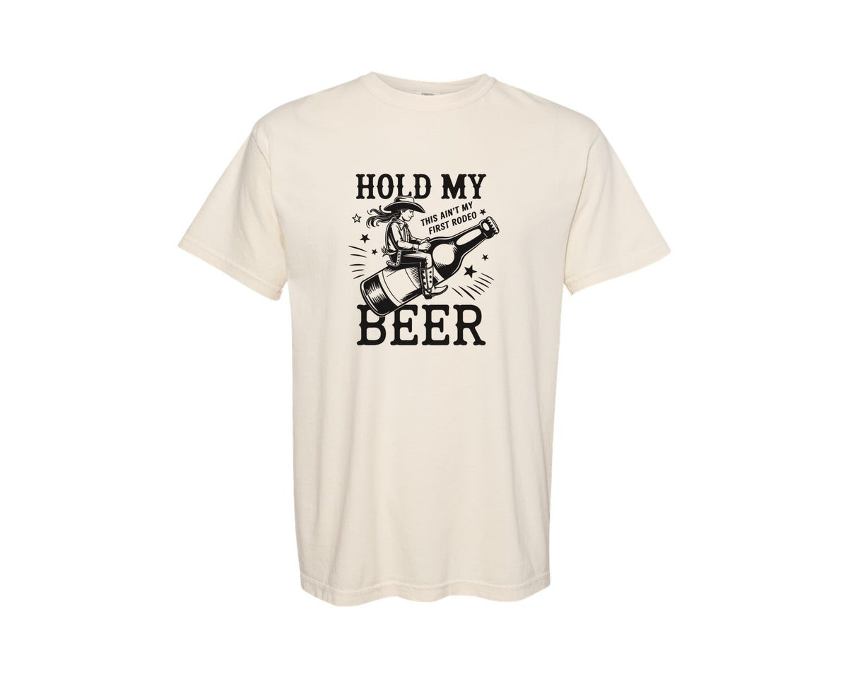 brand:Comfort Colors|color:Ivory|Hold My Beer Retro Western Cowgirl Graphic T-Shirt