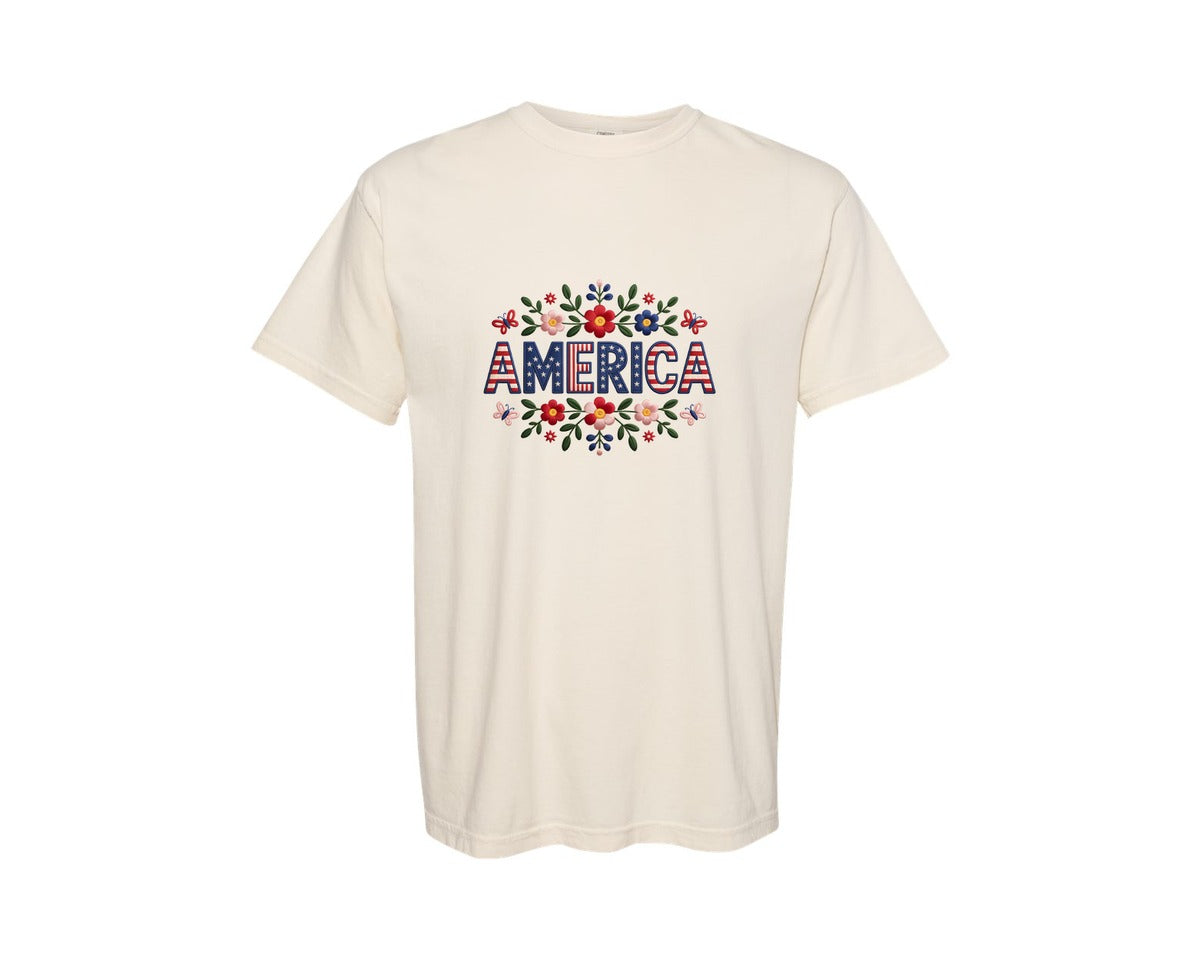 brand:Comfort Colors|color:Ivory|Floral America Retro 4Th Of July Sub 2 Graphic T-Shirt