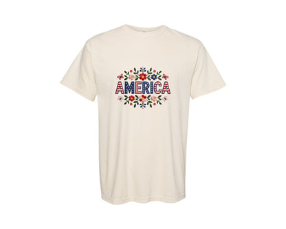 brand:Comfort Colors|color:Ivory|Floral America Retro 4Th Of July Sub 2 Graphic T-Shirt