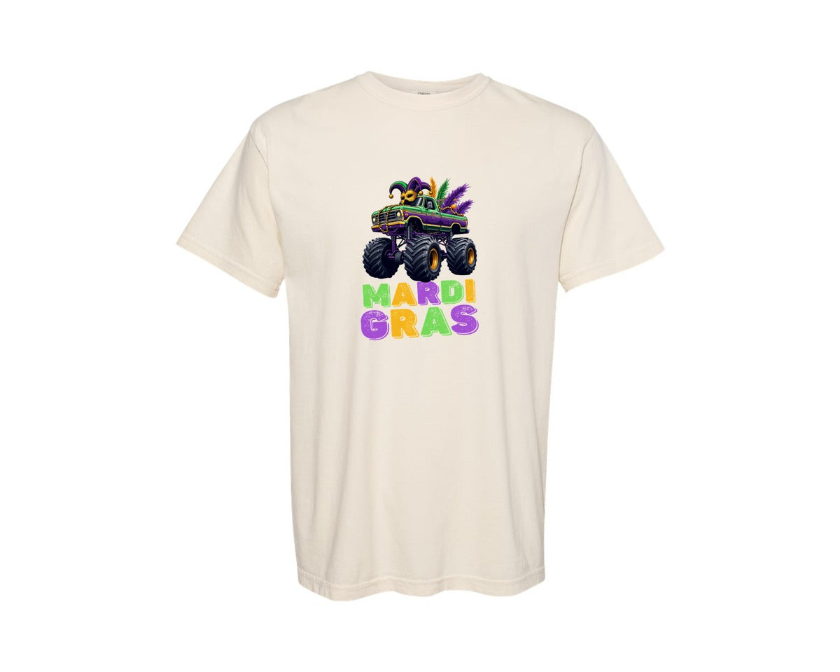 brand:Comfort Colors|color:Ivory|Kids Monster Truck Mardi Gras Gift Graphic T-Shirt