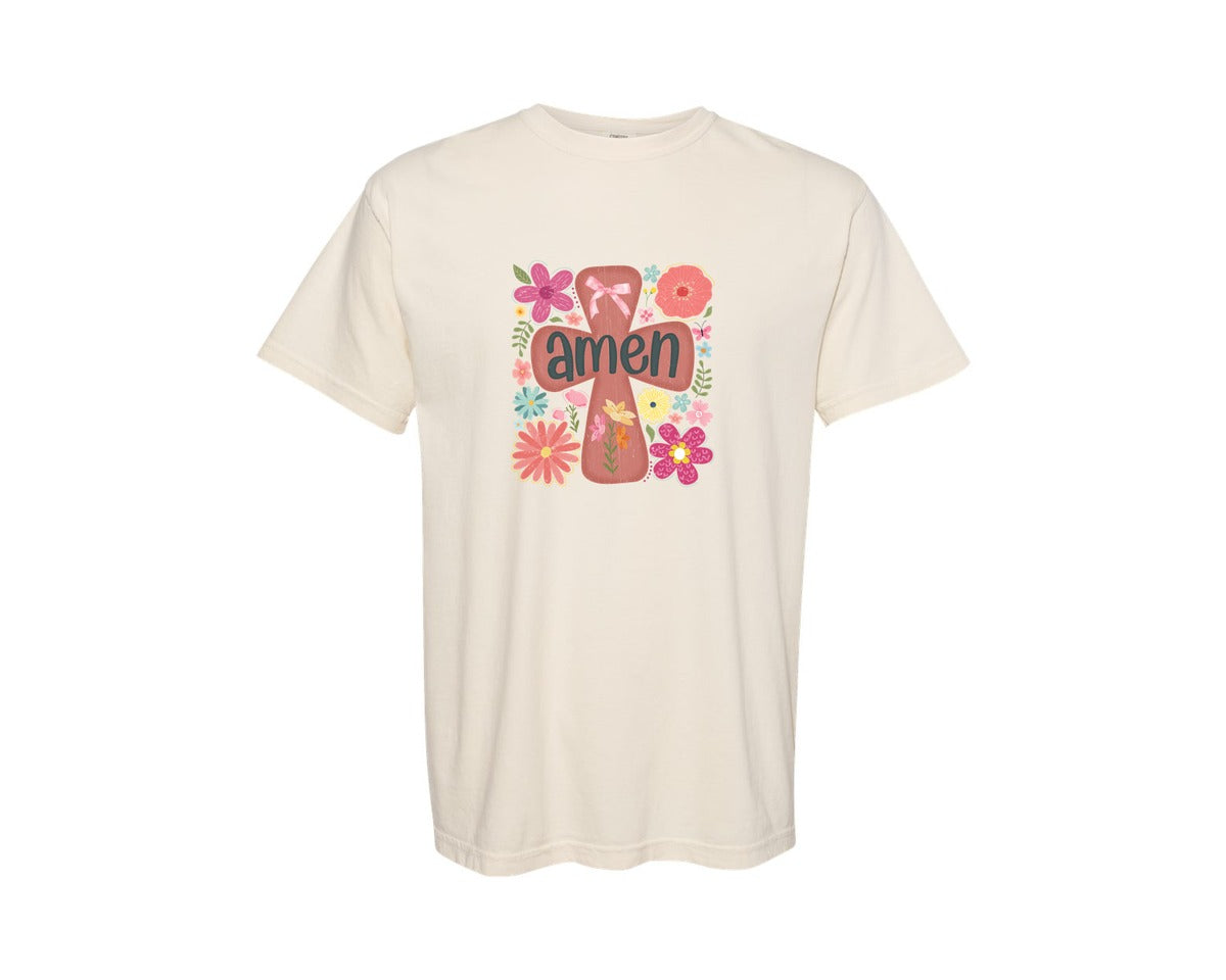 brand:Comfort Colors|color:Ivory|Boho Floral Amen Christian Graphic T-Shirt