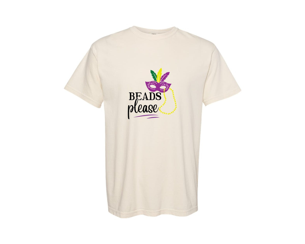 brand:Comfort Colors|color:Ivory|Mardi Gras Beads Please Graphic T-Shirt