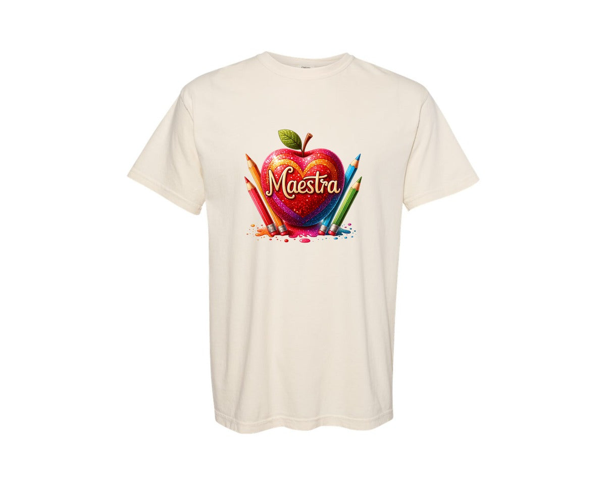 brand:Comfort Colors|color:Ivory|Maestra Spanish Teacher Apple Graphic T-Shirt