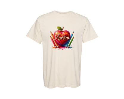 brand:Comfort Colors|color:Ivory|Maestra Spanish Teacher Apple Graphic T-Shirt