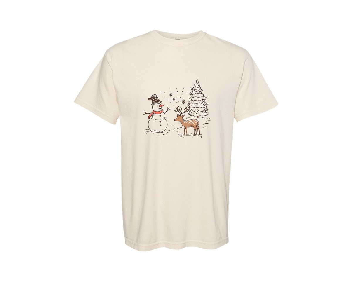 brand:Comfort Colors|color:Ivory|Christmas Winter Scene Xmas Tree Deer Graphic T-Shirt