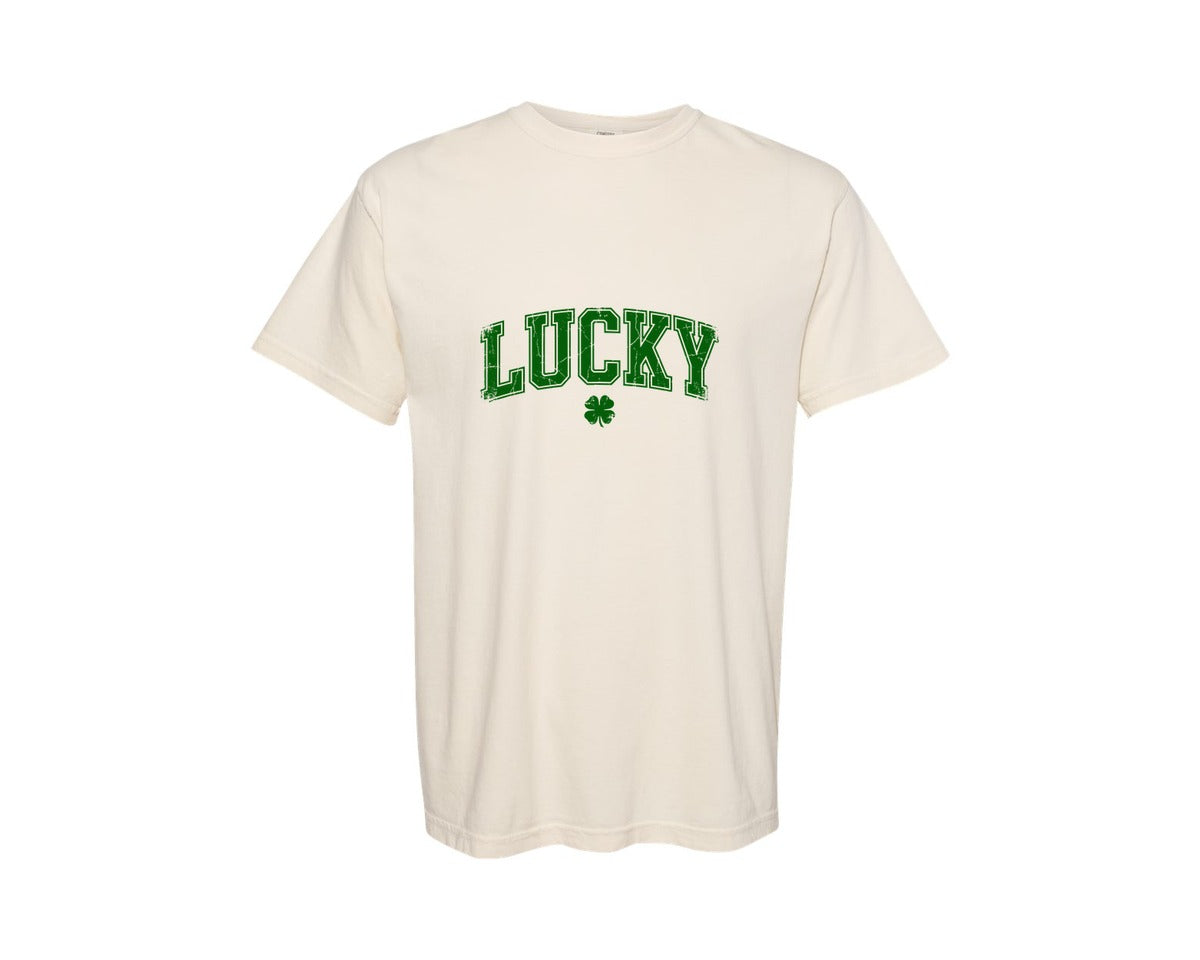 brand:Comfort Colors|color:Ivory|Lucky Varsity St Patricks Day 16 Graphic T-Shirt