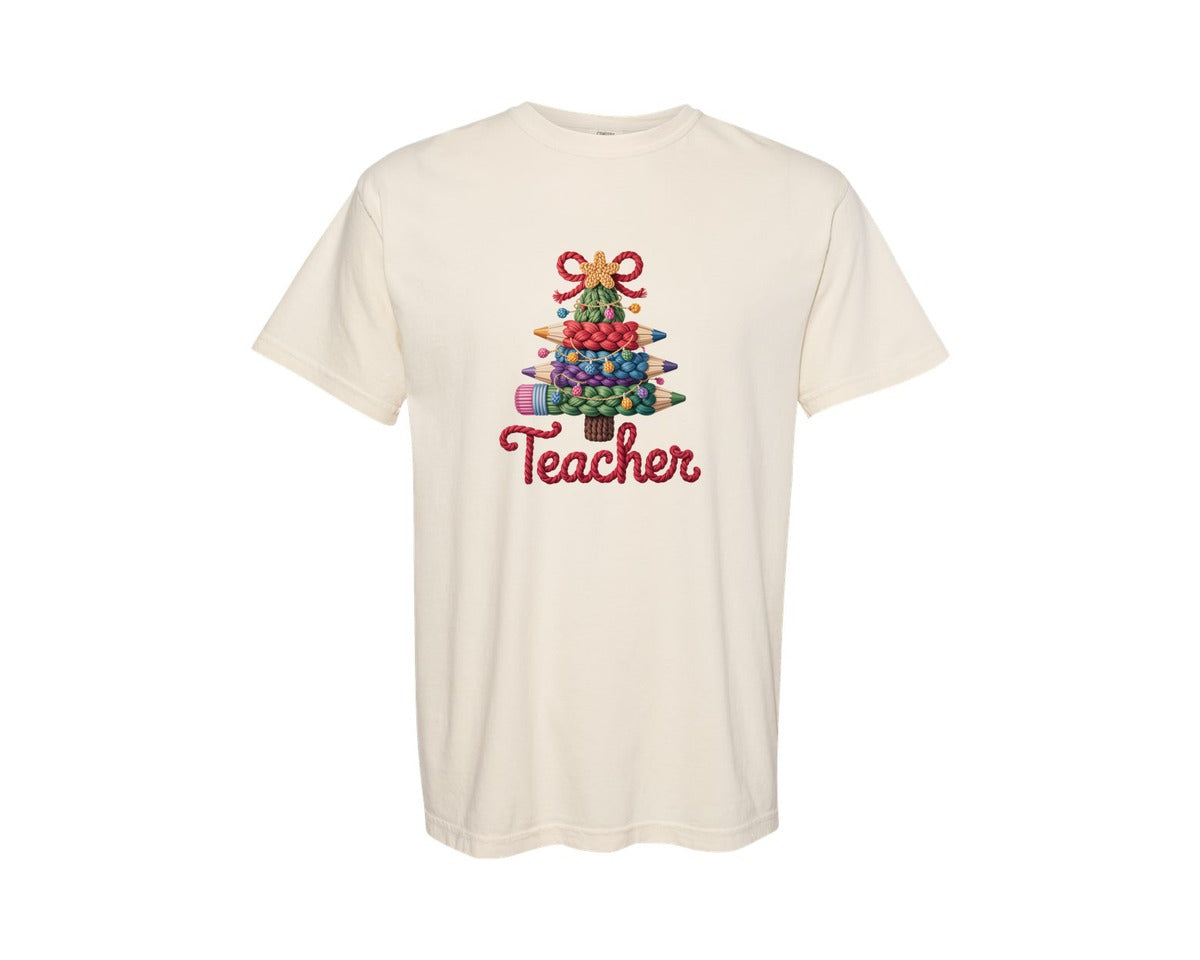 brand:Comfort Colors|color:Ivory|Crochet Yarn Christmas Teacher Tree Graphic T-Shirt