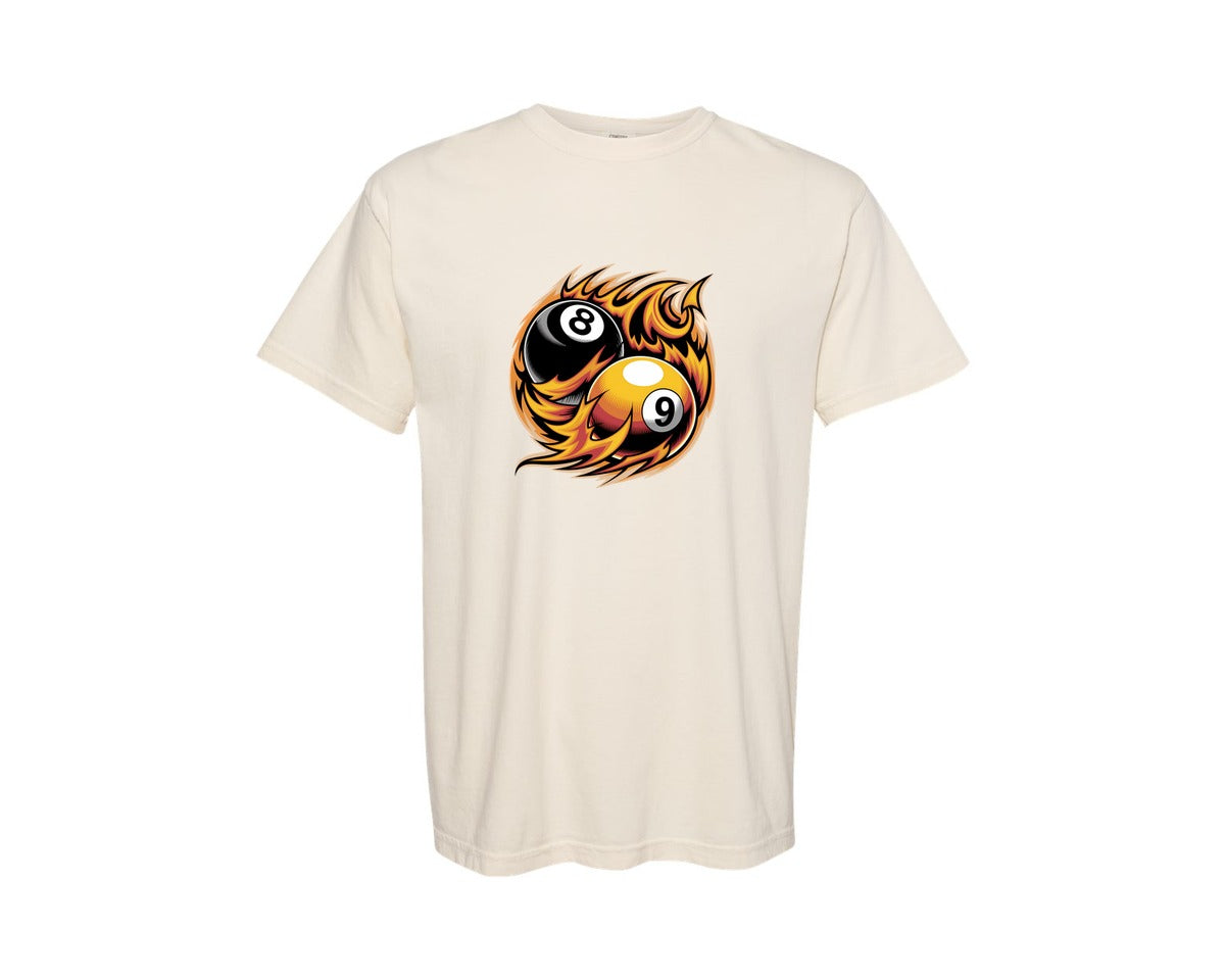 brand:Comfort Colors|color:Ivory|Flaming 8 9 Ball Billiards Graphic T-Shirt