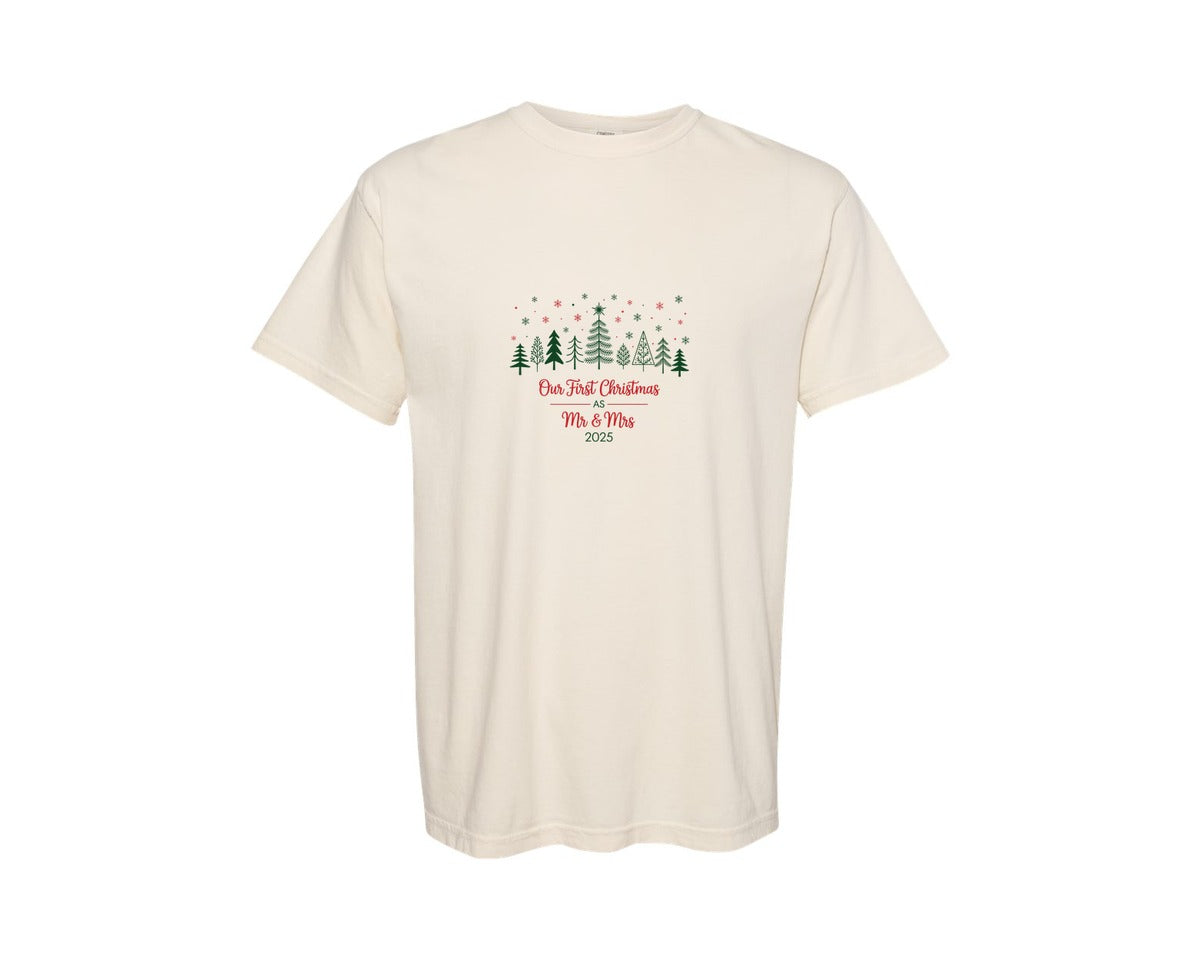 brand:Comfort Colors|color:Ivory|Our First Christmas As Mr Mrs 2025 7 Graphic T-Shirt