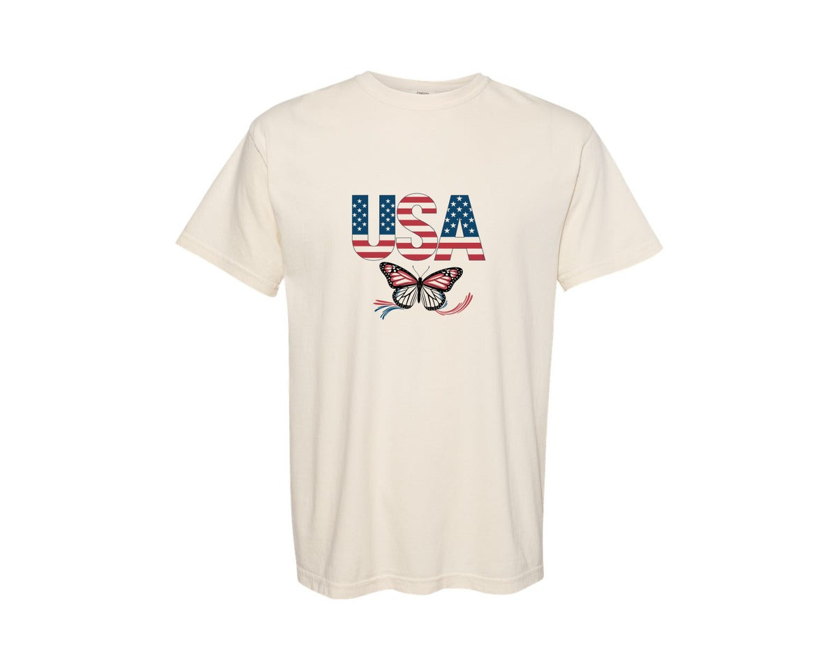brand:Comfort Colors|color:Ivory|Usa Butterfly Patriotic Graphic T-Shirt