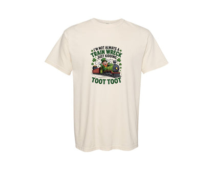 brand:Comfort Colors|color:Ivory|Train Wreck Toot Toot St Patrick Fun Graphic T-Shirt