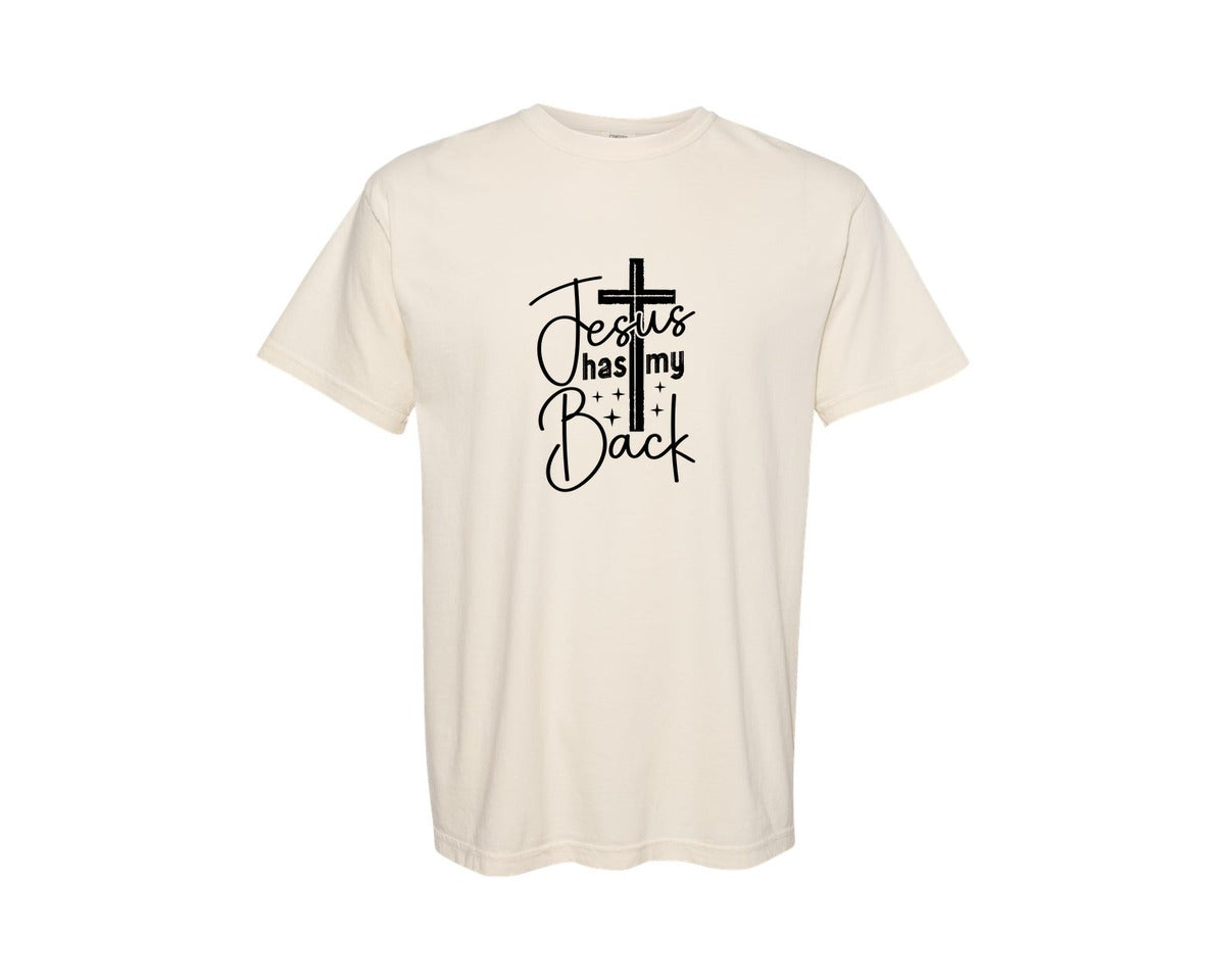 brand:Comfort Colors|color:Ivory|Jesus Has My Back Bible Verse Graphic T-Shirt