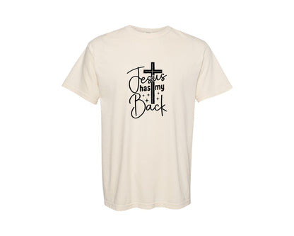 brand:Comfort Colors|color:Ivory|Jesus Has My Back Bible Verse Graphic T-Shirt
