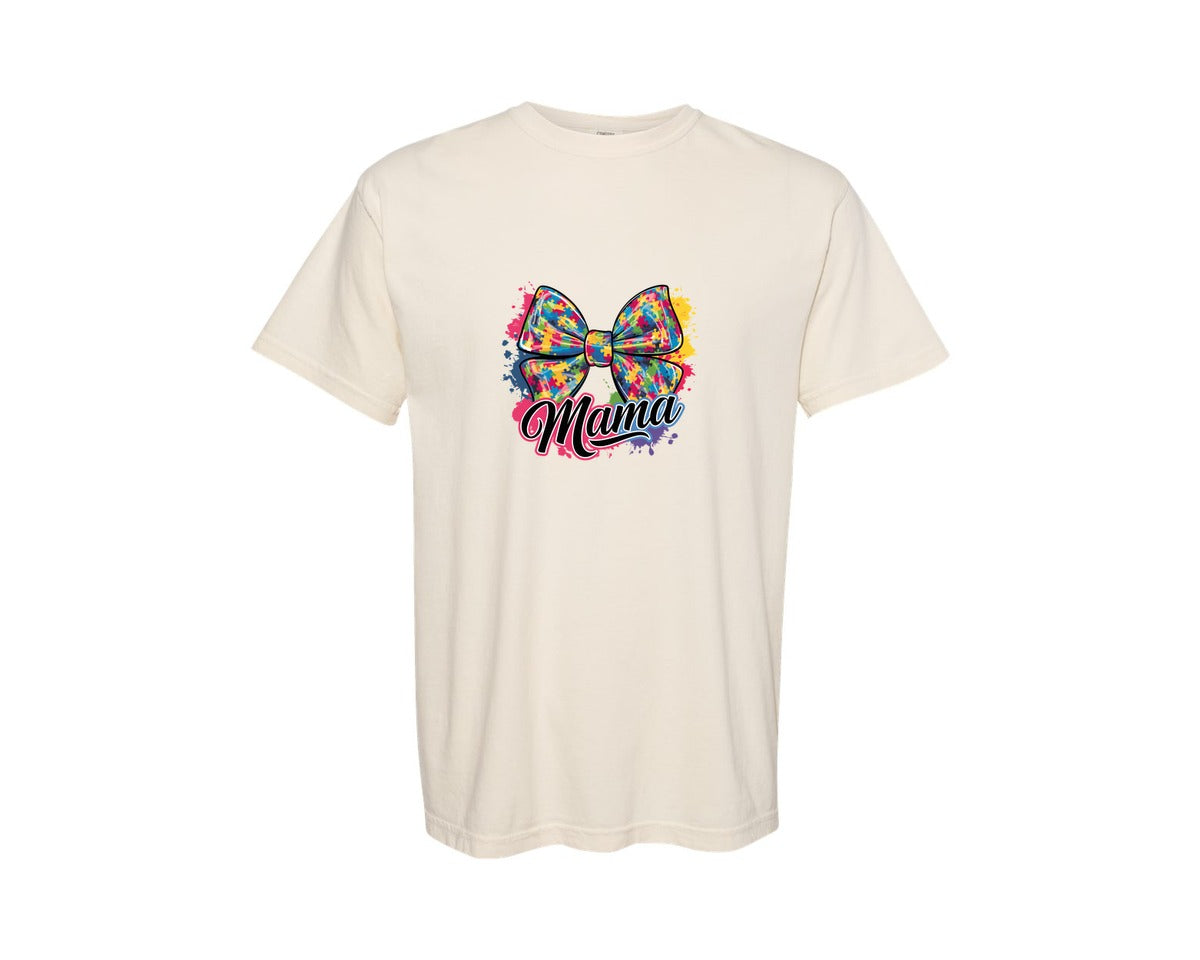 brand:Comfort Colors|color:Ivory|Autism Mama Colorful Puzzle Bow Art Graphic T-Shirt