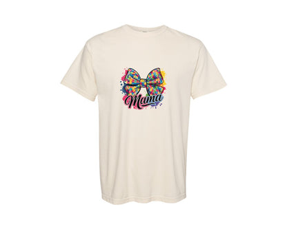 brand:Comfort Colors|color:Ivory|Autism Mama Colorful Puzzle Bow Art Graphic T-Shirt