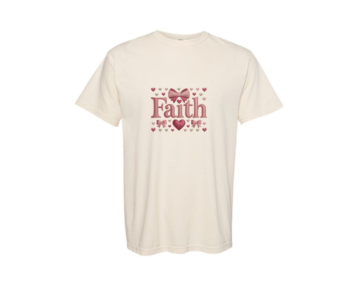 brand:Comfort Colors|color:Ivory|Valentine Faux Yarn Faith Preppy Graphic T-Shirt