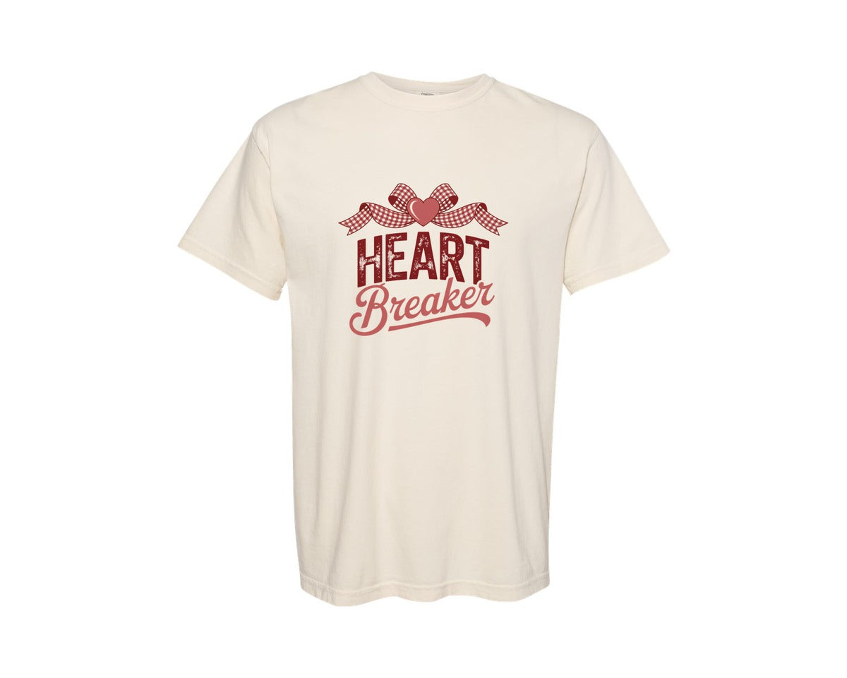 brand:Comfort Colors|color:Ivory|Heartbreaker Valentine Gingham Bow Graphic T-Shirt