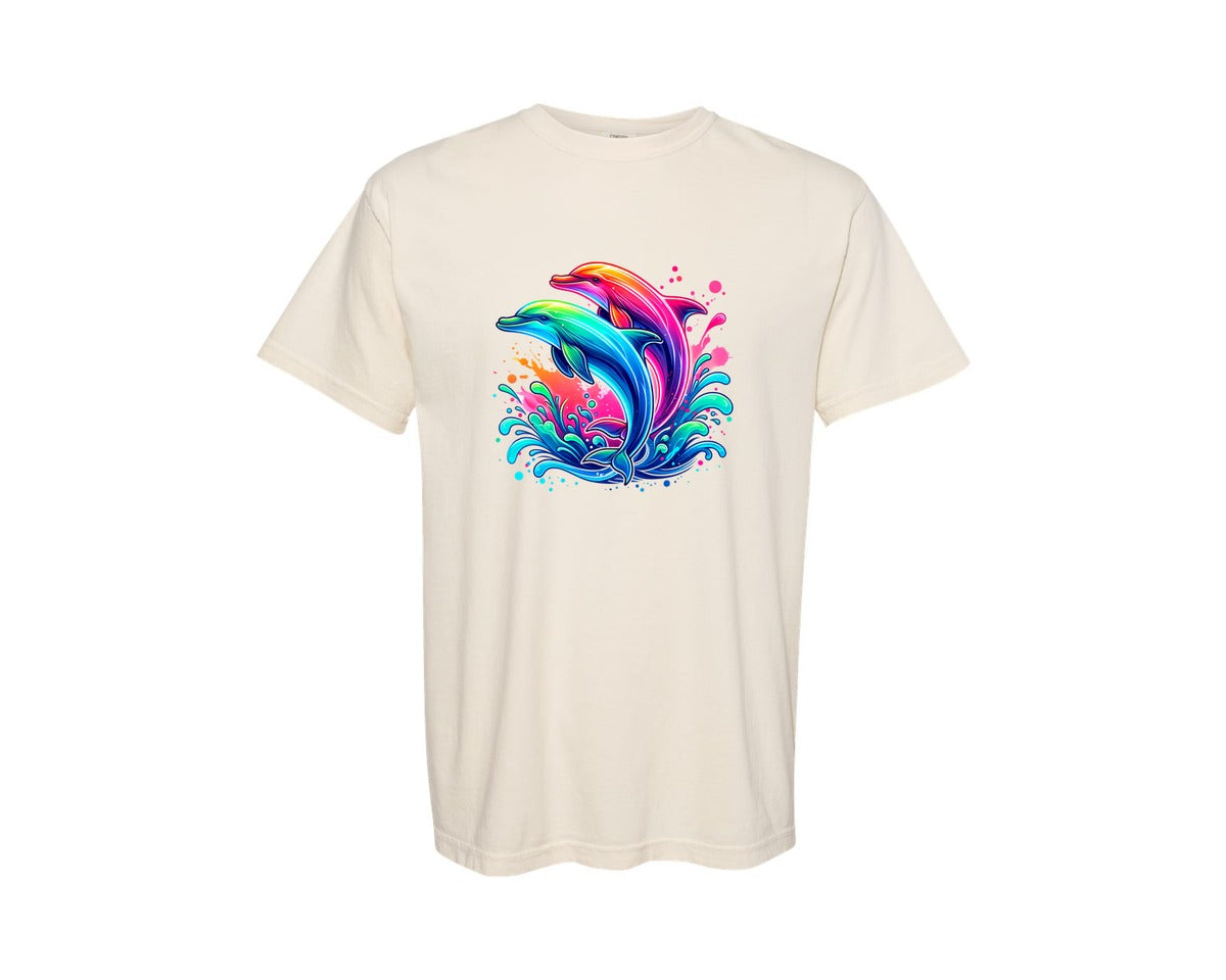brand:Comfort Colors|color:Ivory|Colorful Neon Ocean Dolphins Graphic T-Shirt