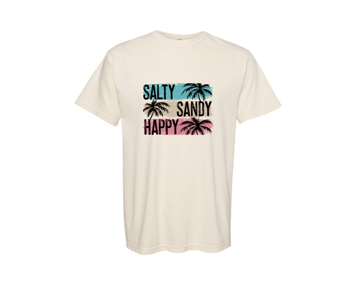 brand:Comfort Colors|color:Ivory|Salty Sandy Happy Striped Beach Shirt Graphic T-Shirt