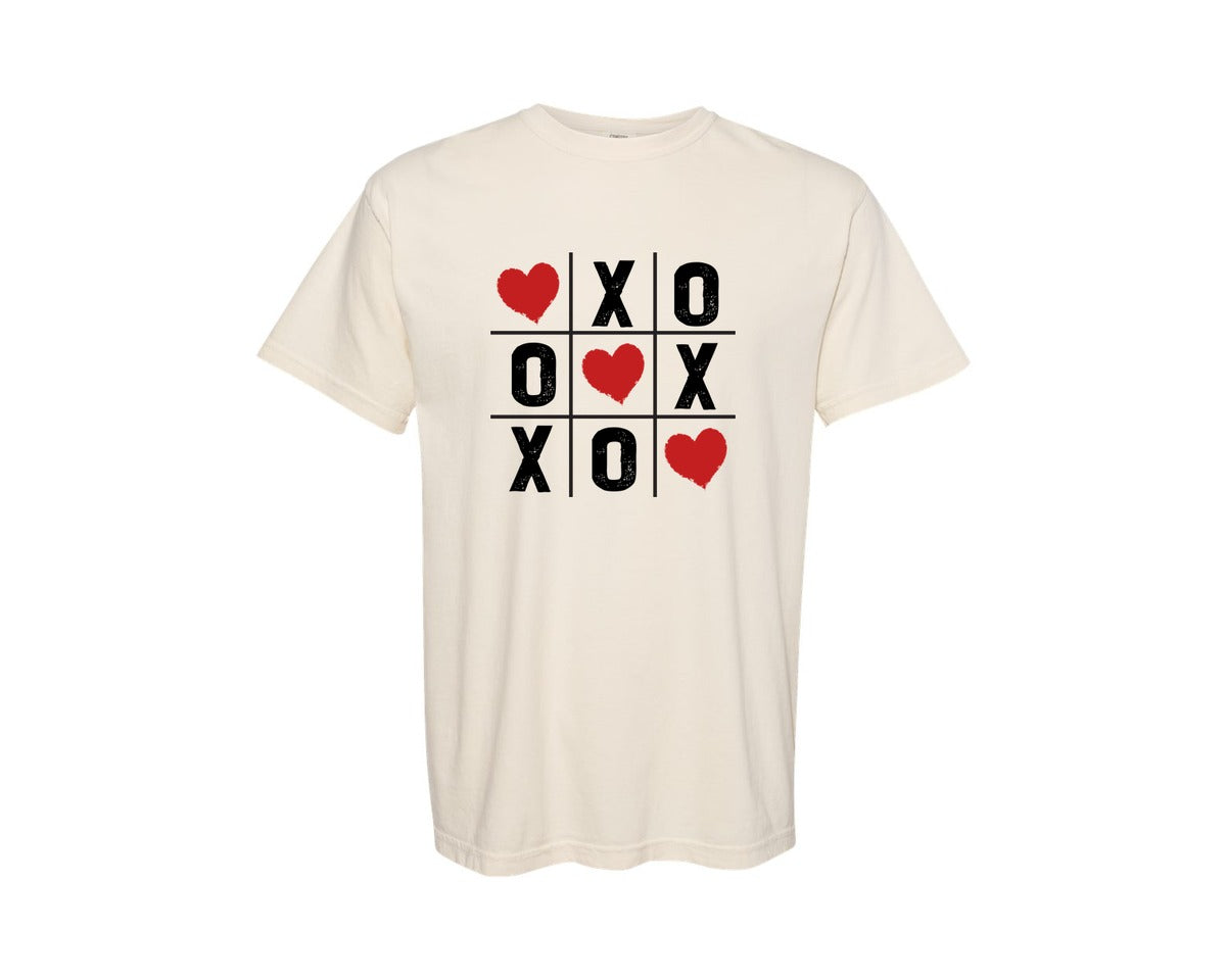 brand:Comfort Colors|color:Ivory|Valentine Tic Tac Toe Retro Heart Graphic T-Shirt