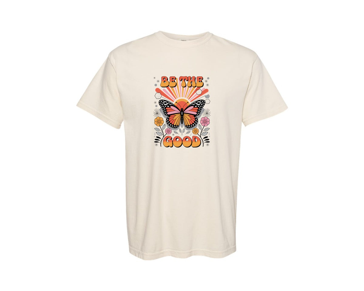 brand:Comfort Colors|color:Ivory|Butterfly Retro Be The Good Art Graphic T-Shirt