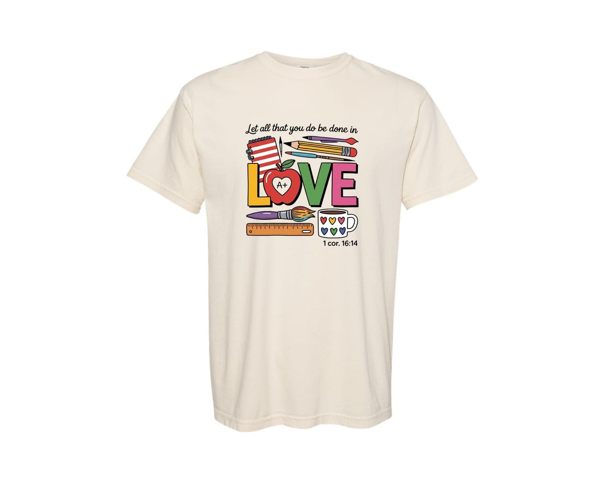 brand:Comfort Colors|color:Ivory|Teacher Love Christian Teacher Graphic T-Shirt