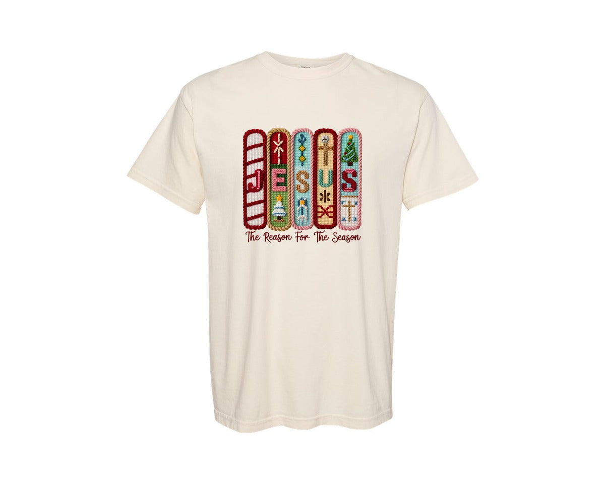 brand:Comfort Colors|color:Ivory|Yarn Crochet Christmas Tree Jesus Graphic T-Shirt