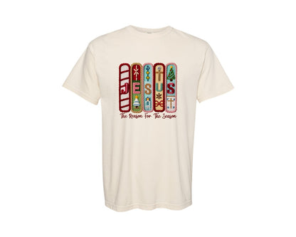 brand:Comfort Colors|color:Ivory|Yarn Crochet Christmas Tree Jesus Graphic T-Shirt