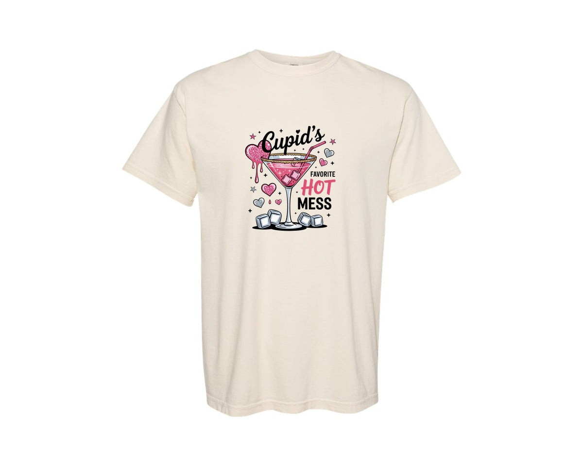 brand:Comfort Colors|color:Ivory|Funny Valentine Cupids Hot Mess Graphic T-Shirt
