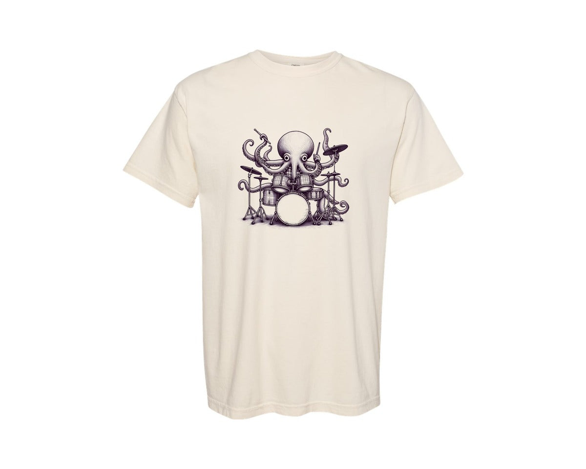 brand:Comfort Colors|color:Ivory|Octopus Playing Drums Retro 90S Graphic T-Shirt