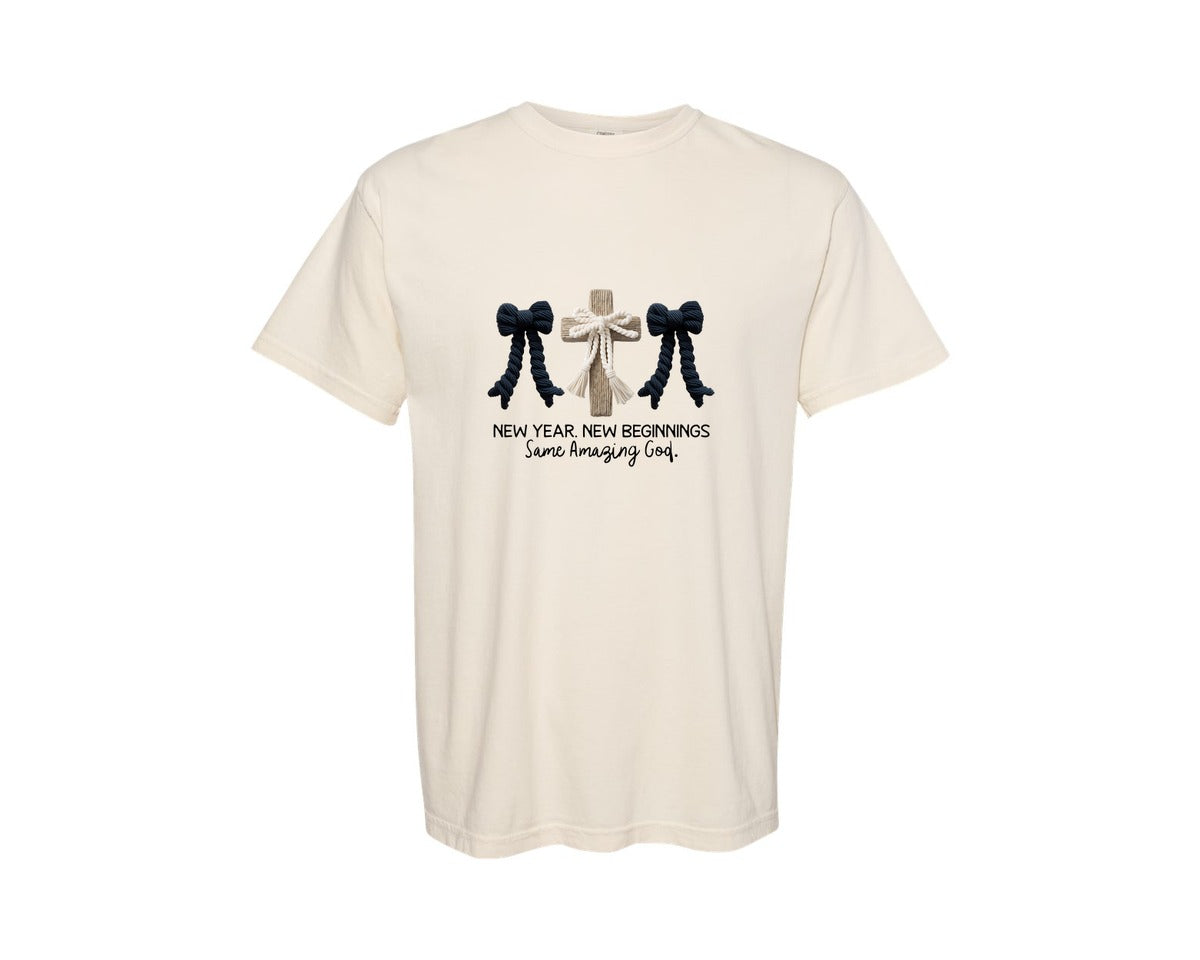 brand:Comfort Colors|color:Ivory|Coquette Bow New Year 2026 Crochet Graphic T-Shirt