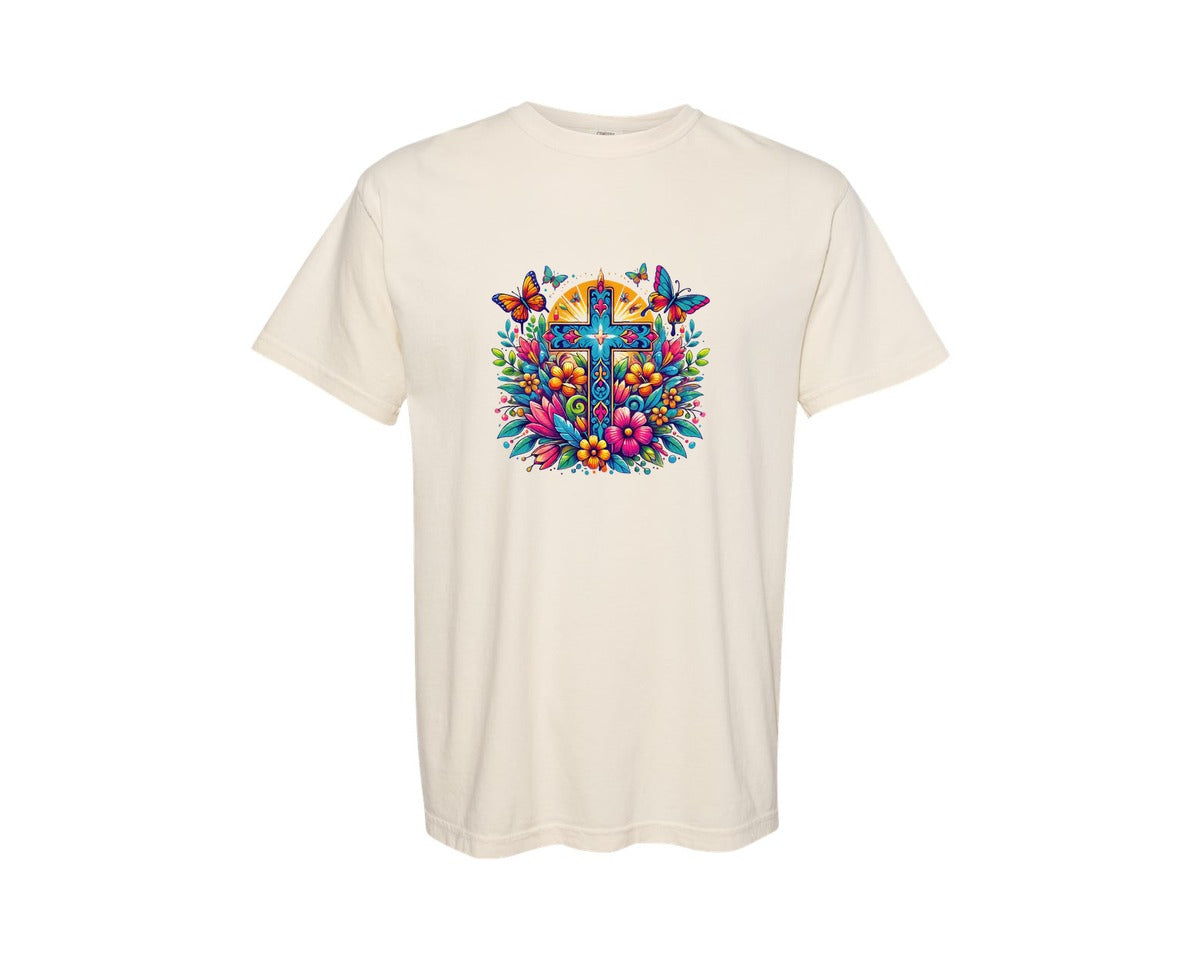 brand:Comfort Colors|color:Ivory|Faith Cross With Butterflies Floral Graphic T-Shirt