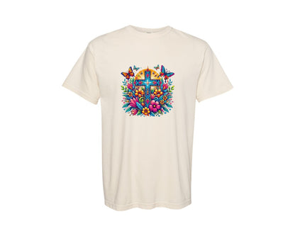 brand:Comfort Colors|color:Ivory|Faith Cross With Butterflies Floral Graphic T-Shirt