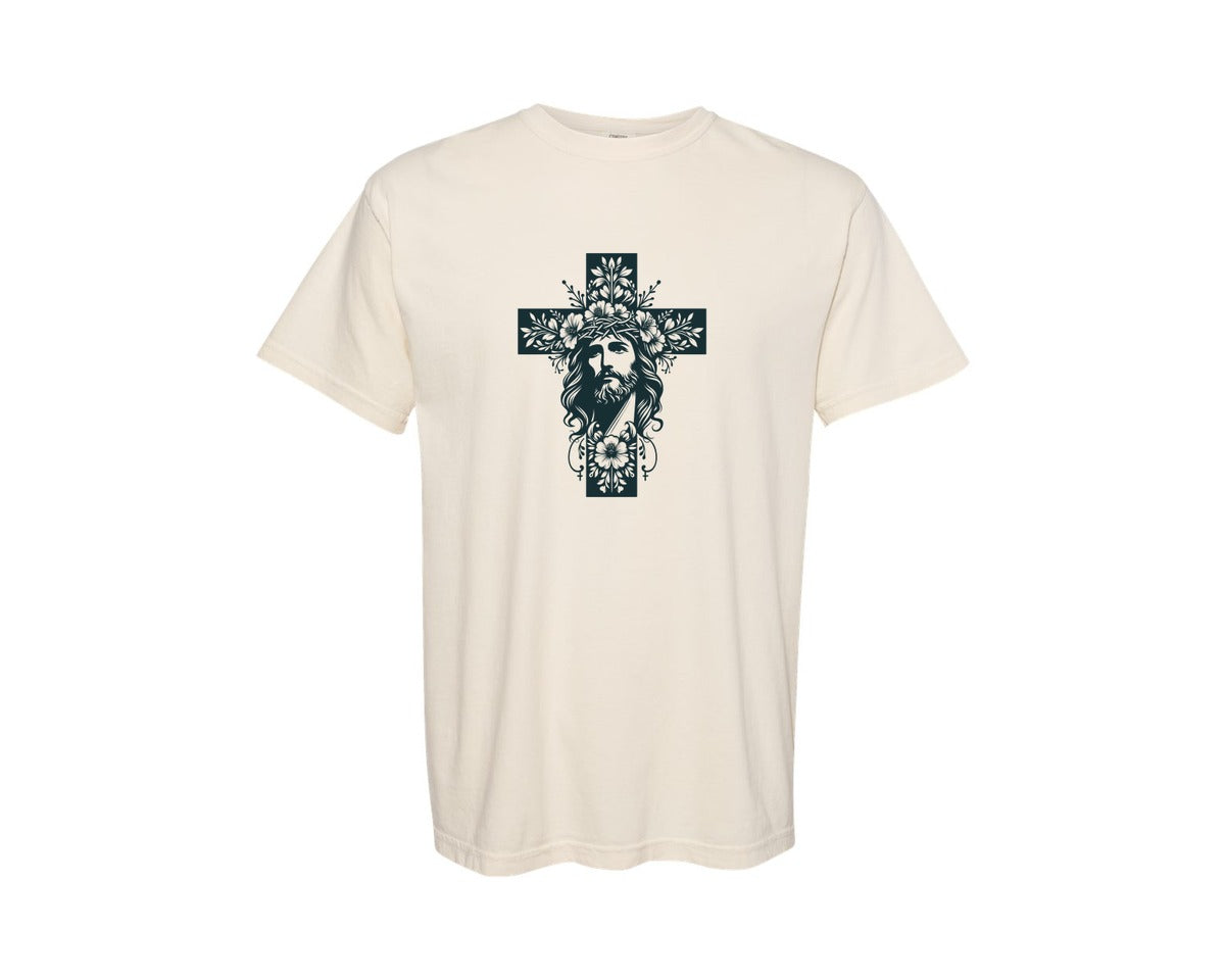 brand:Comfort Colors|color:Ivory|Floral Christian Cross Religious 77 Graphic T-Shirt