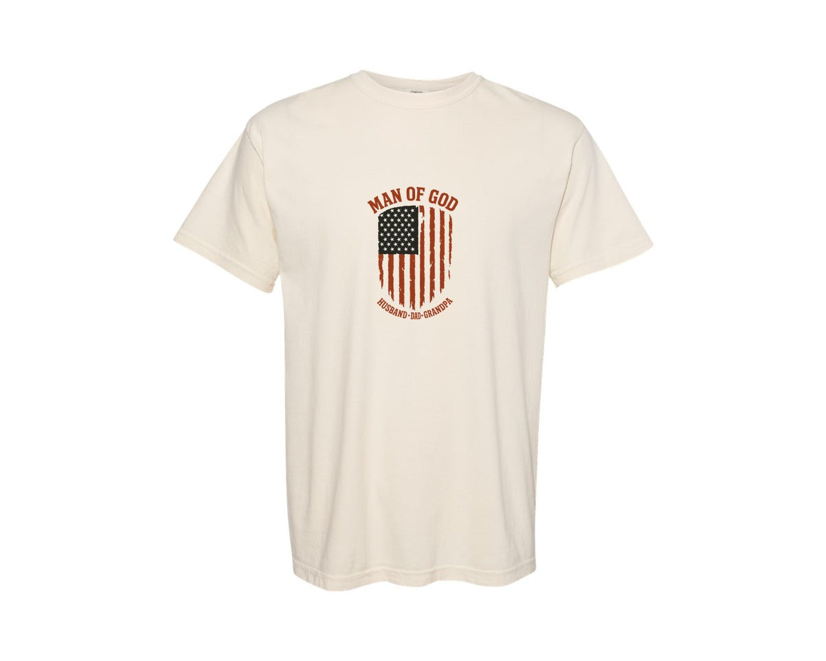 brand:Comfort Colors|color:Ivory|Man Of God Patriotic Shield Graphic T-Shirt