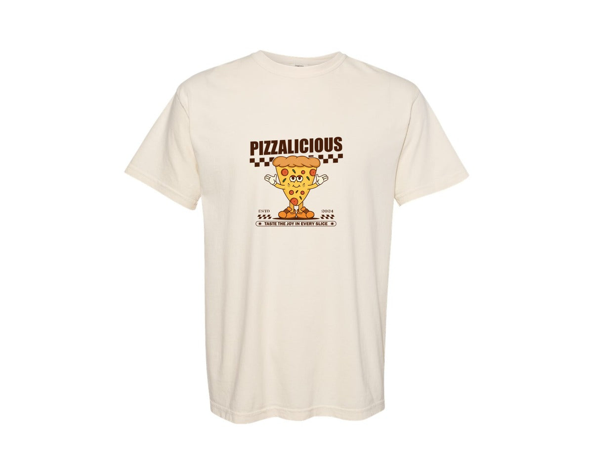 brand:Comfort Colors|color:Ivory|Vintage Slice Pizza Cartoon Character Graphic T-Shirt