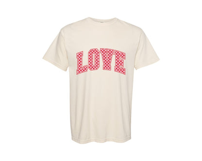 brand:Comfort Colors|color:Ivory|Love Valentine Varsity Retro Checkered Graphic T-Shirt