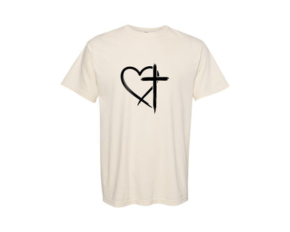 brand:Comfort Colors|color:Ivory|Heart And Cross Brush Symbol Graphic T-Shirt