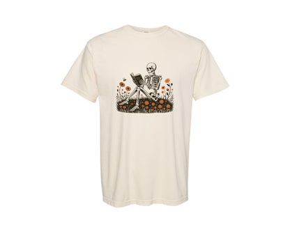 brand:Comfort Colors|color:Ivory|Book Reading Skeleton Gothic Graphic T-Shirt