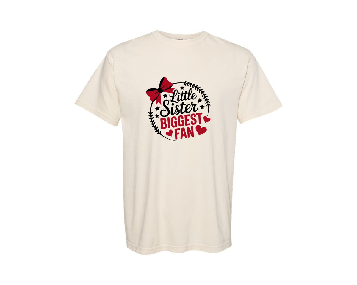 brand:Comfort Colors|color:Ivory|Little Sister Biggest Fan Baseball Bow Graphic T-Shirt