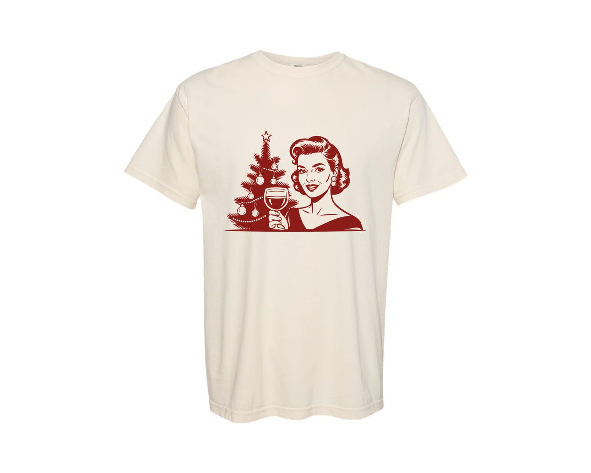 brand:Comfort Colors|color:Ivory|Retro Christmas Woman With Wine Glass Graphic T-Shirt