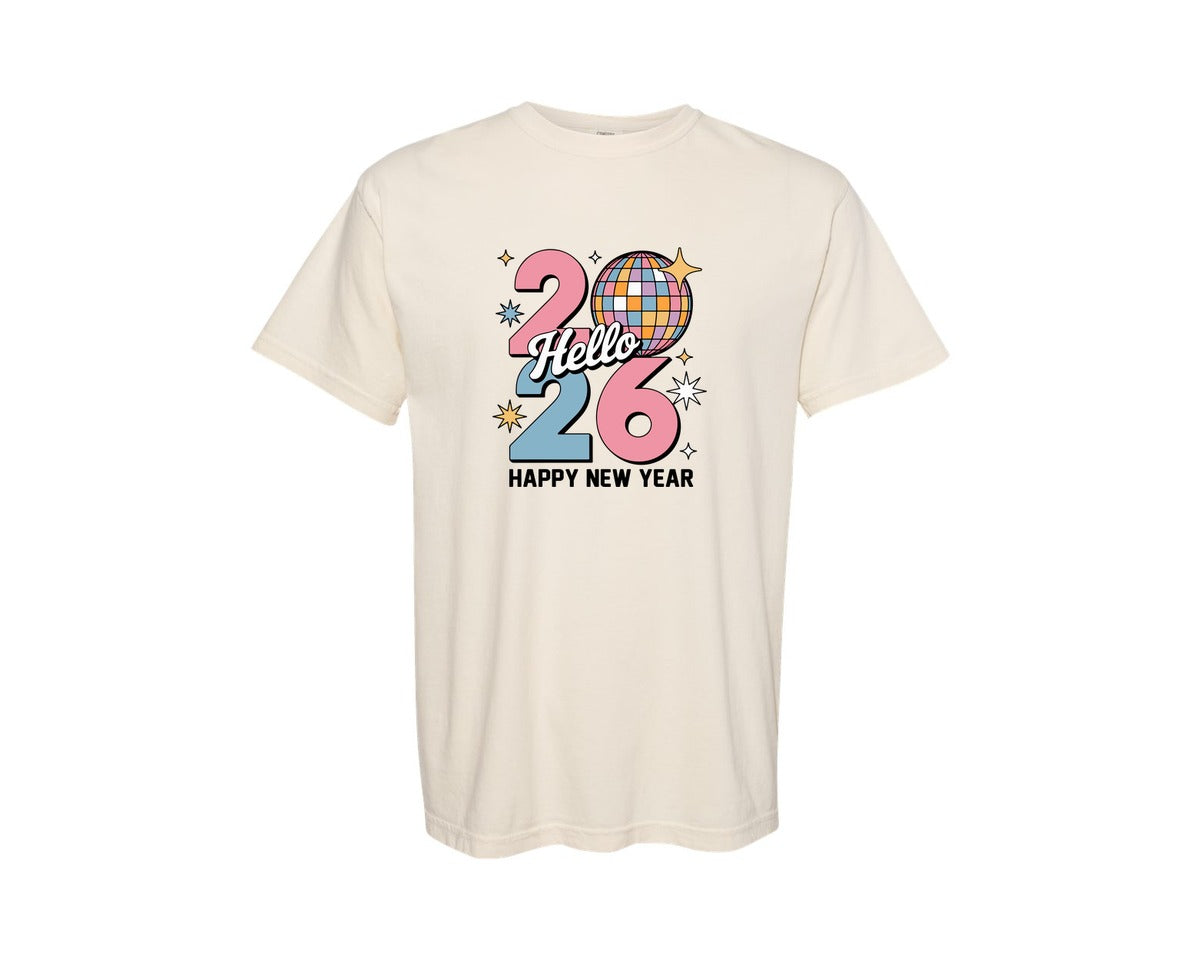 brand:Comfort Colors|color:Ivory|Happy New Year 2026 Disco Ball 2 Graphic T-Shirt