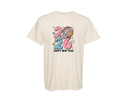 brand:Comfort Colors|color:Ivory|Happy New Year 2026 Disco Ball 2 Graphic T-Shirt
