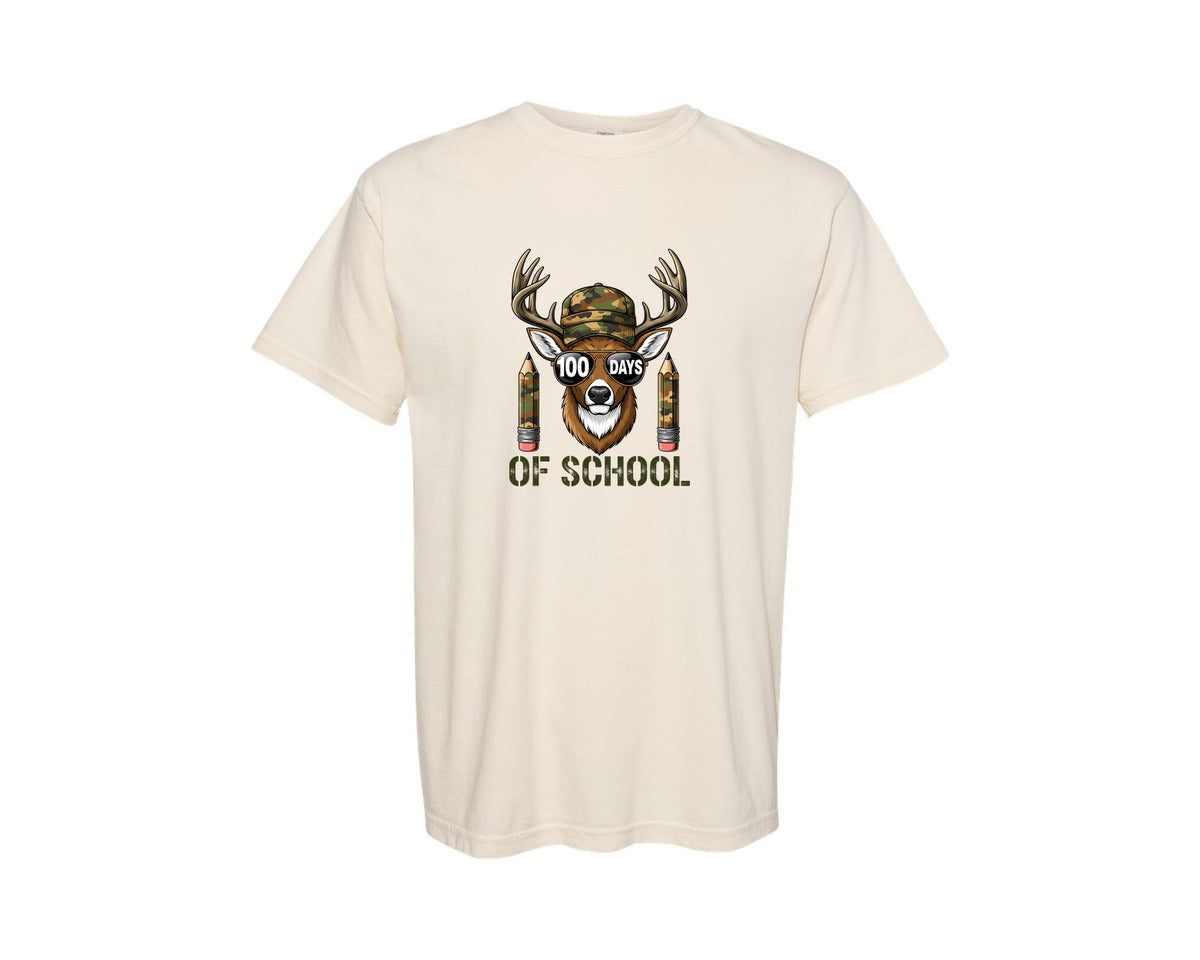 brand:Comfort Colors|color:Ivory|100 Days Of School Deer Camo Graphic T-Shirt