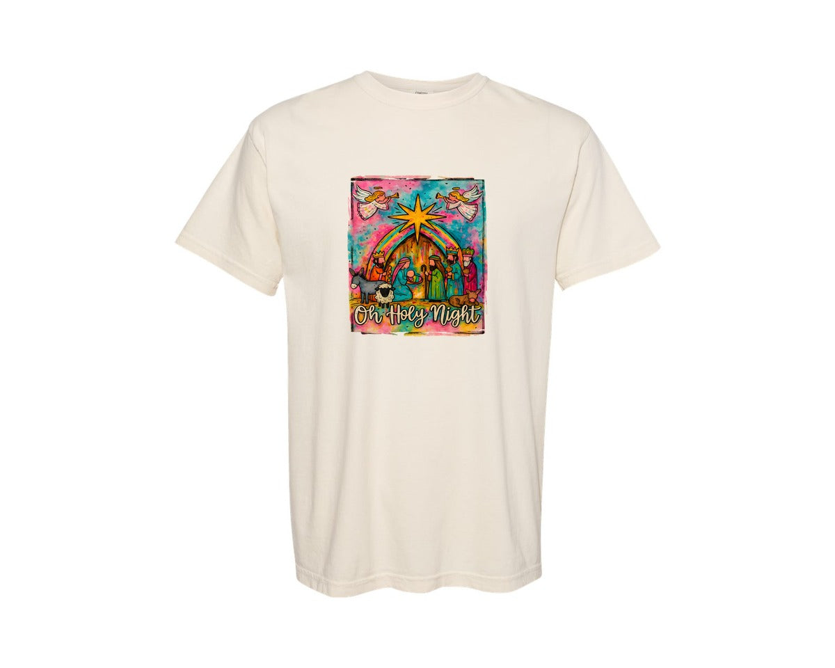 brand:Comfort Colors|color:Ivory|Oh Holy Night Nativity Scene Graphic T-Shirt