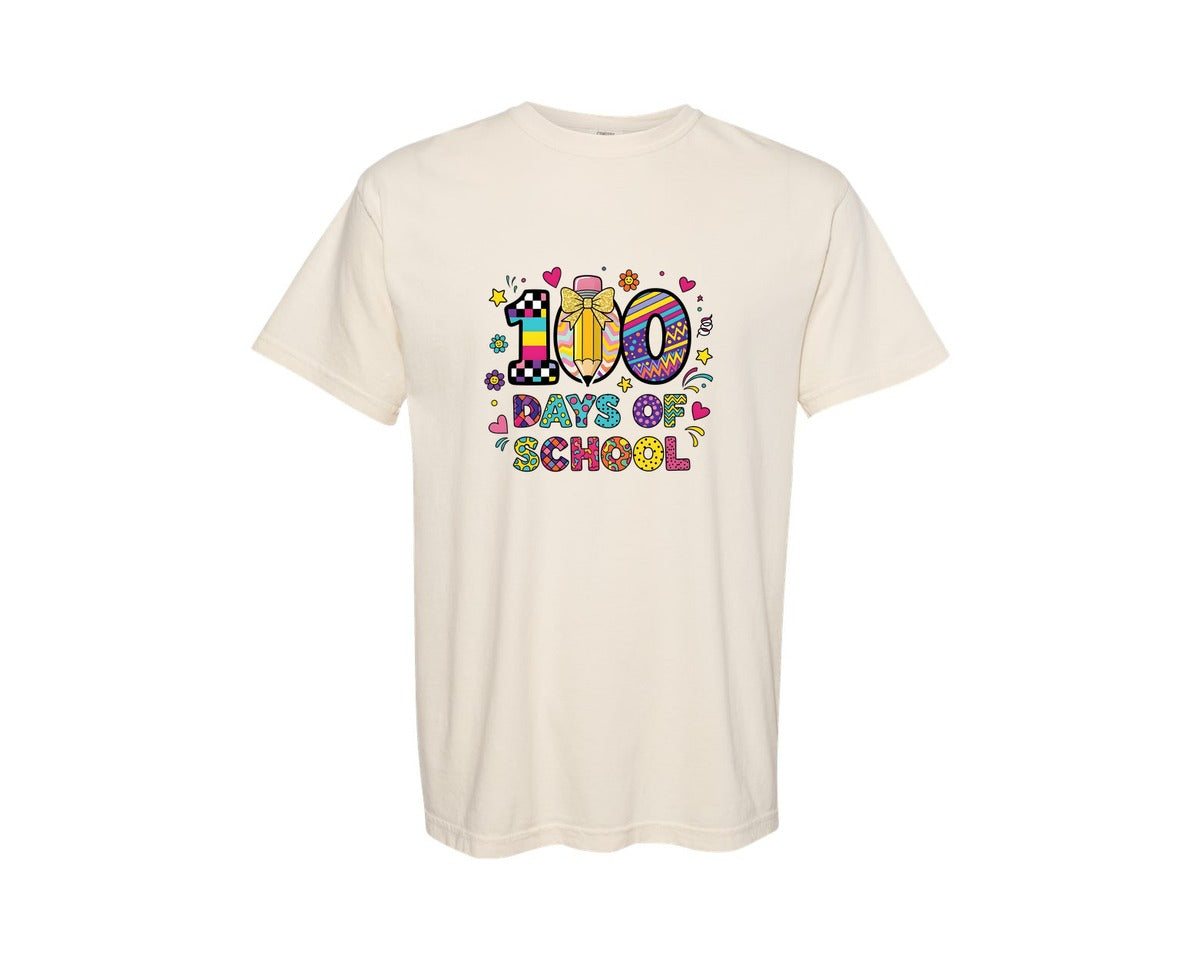 brand:Comfort Colors|color:Ivory|Cute Bow Colorful 100 Days School Graphic T-Shirt