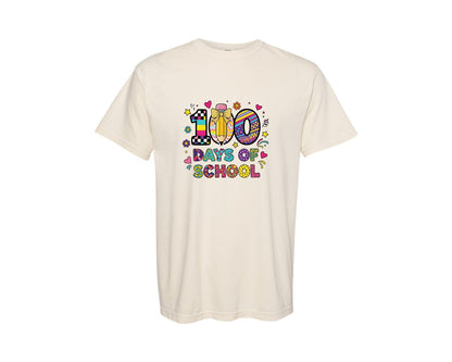 brand:Comfort Colors|color:Ivory|Cute Bow Colorful 100 Days School Graphic T-Shirt