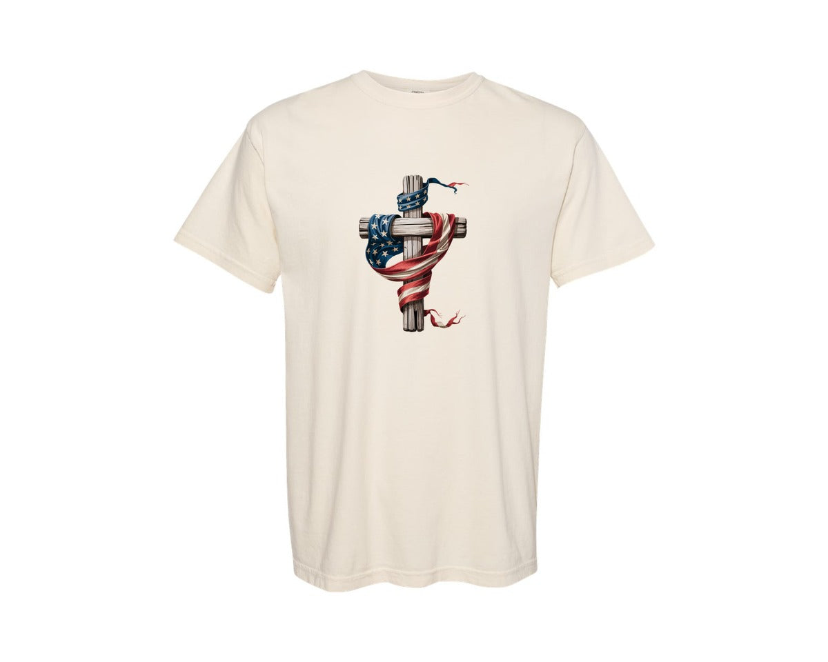 brand:Comfort Colors|color:Ivory|Usa Flag Cross Patriotic Faith Art Graphic T-Shirt
