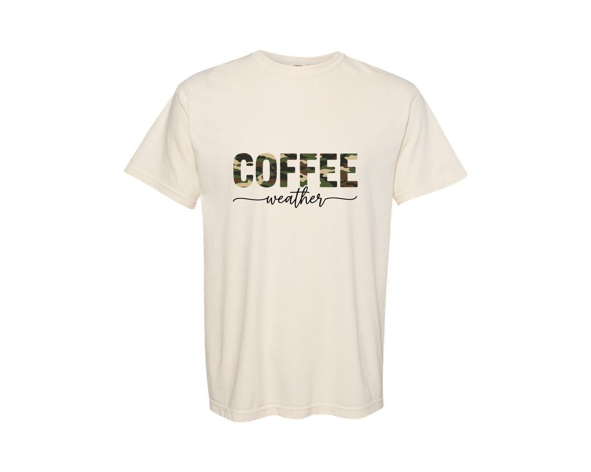 brand:Comfort Colors|color:Ivory|Coffee Weather Camo Text Design Graphic T-Shirt