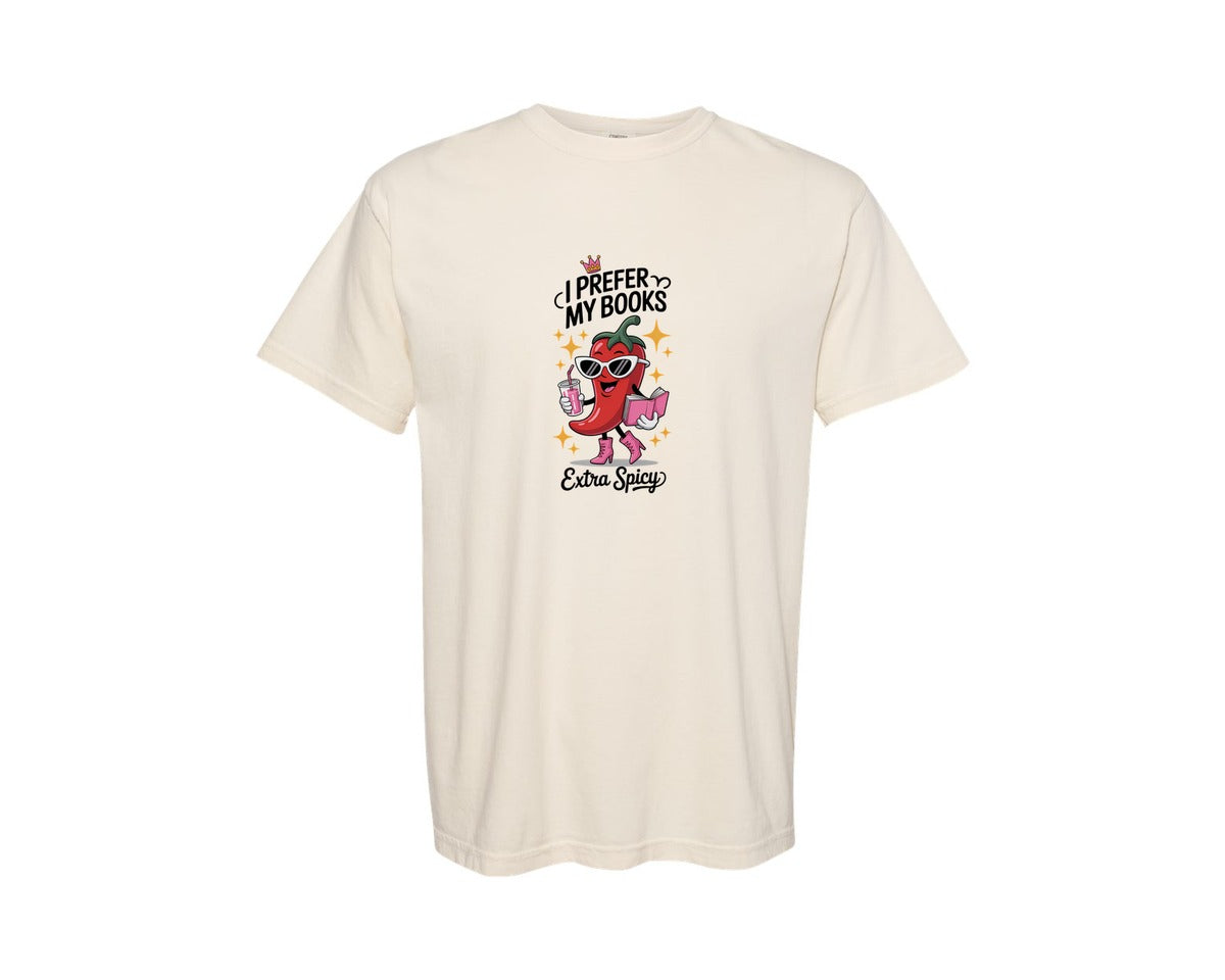 brand:Comfort Colors|color:Ivory|Spicy Book Lover Funny Cartoon Graphic T-Shirt